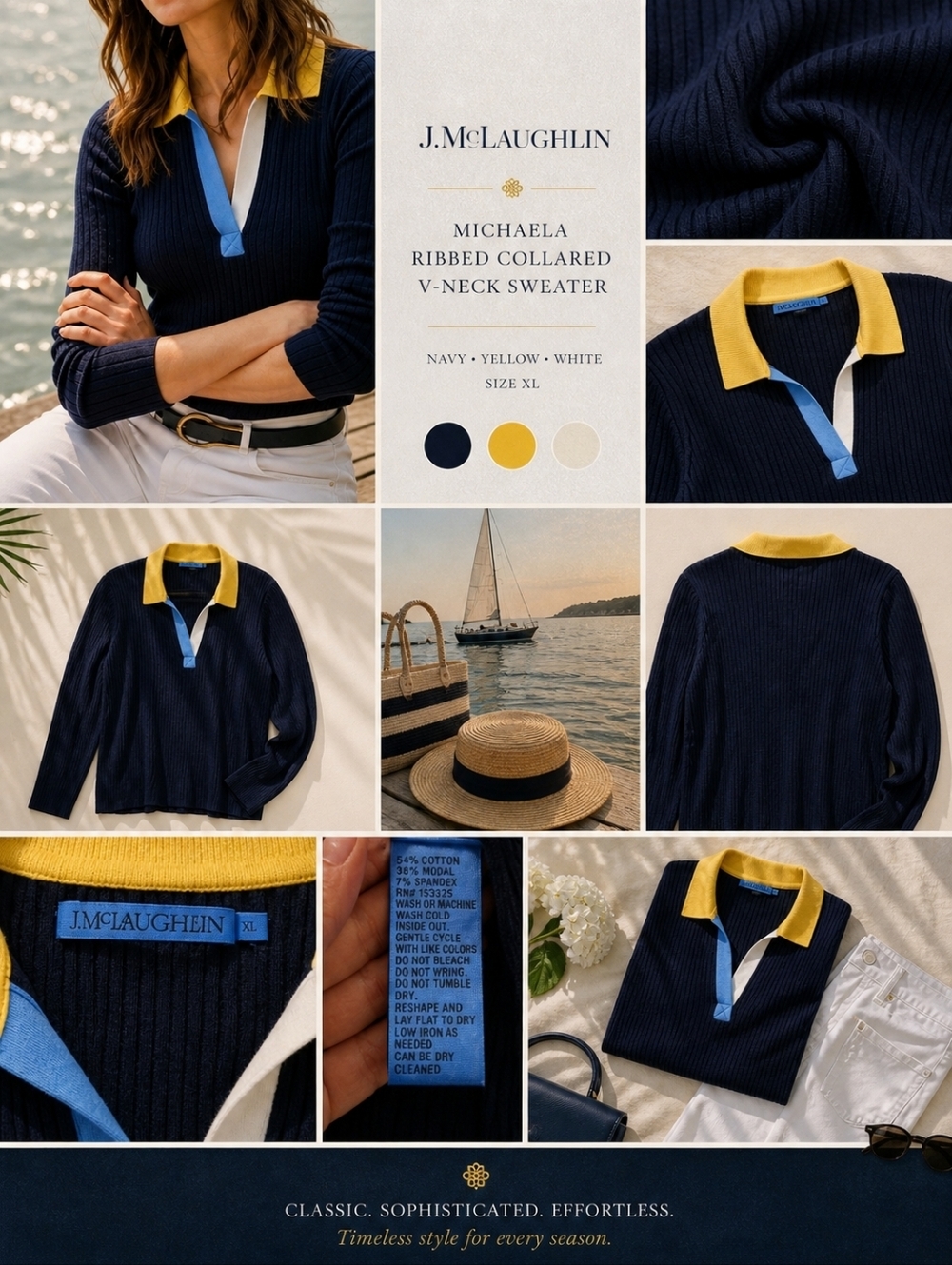 J. McLaughlin Michaela Ribbed Collared V-Neck Sweater Navy Yellow White - XL - Picture 2 of 8